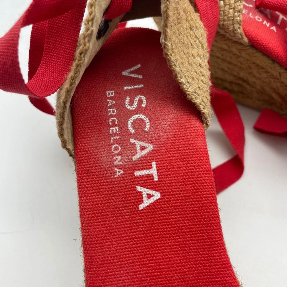 Viscata Barcelona Espadrille Wedge Ankle‎ Tie Up Red Canvas Shoes Size 41/ US 10
